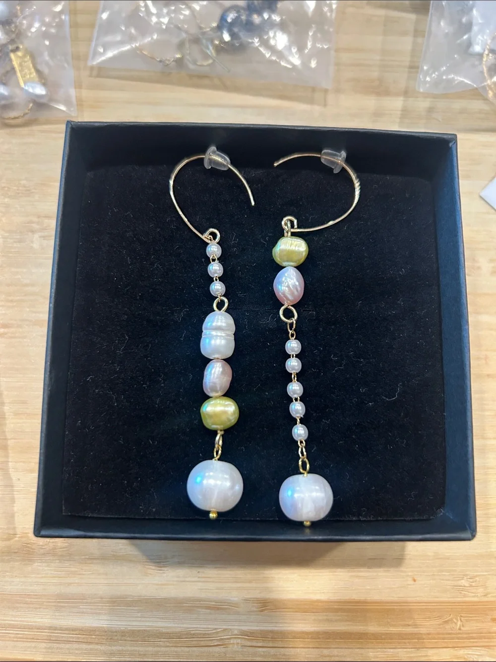 Gold Pearl Drop Earrings with Iridescent Beads